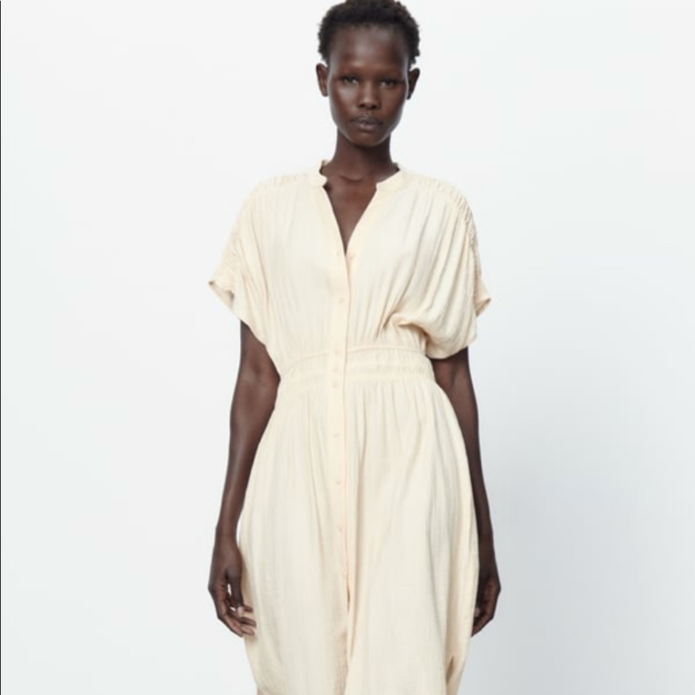 Zara Midi Wrinkle Look Rustic Dress Color-Ecru Size- Large NWT